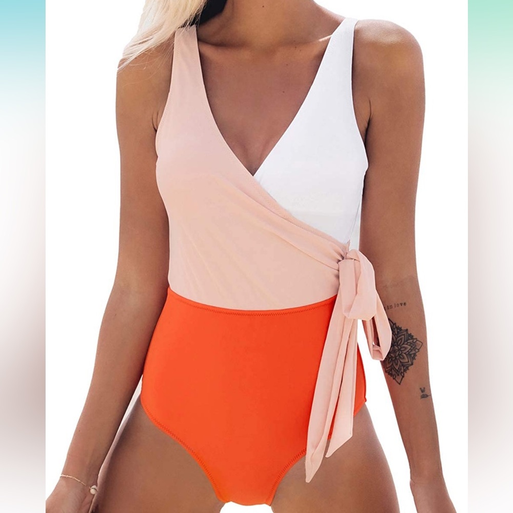 CUPSHE Women's One Piece Swimsuit Wrap Color Block Tie Side Bathing Suit